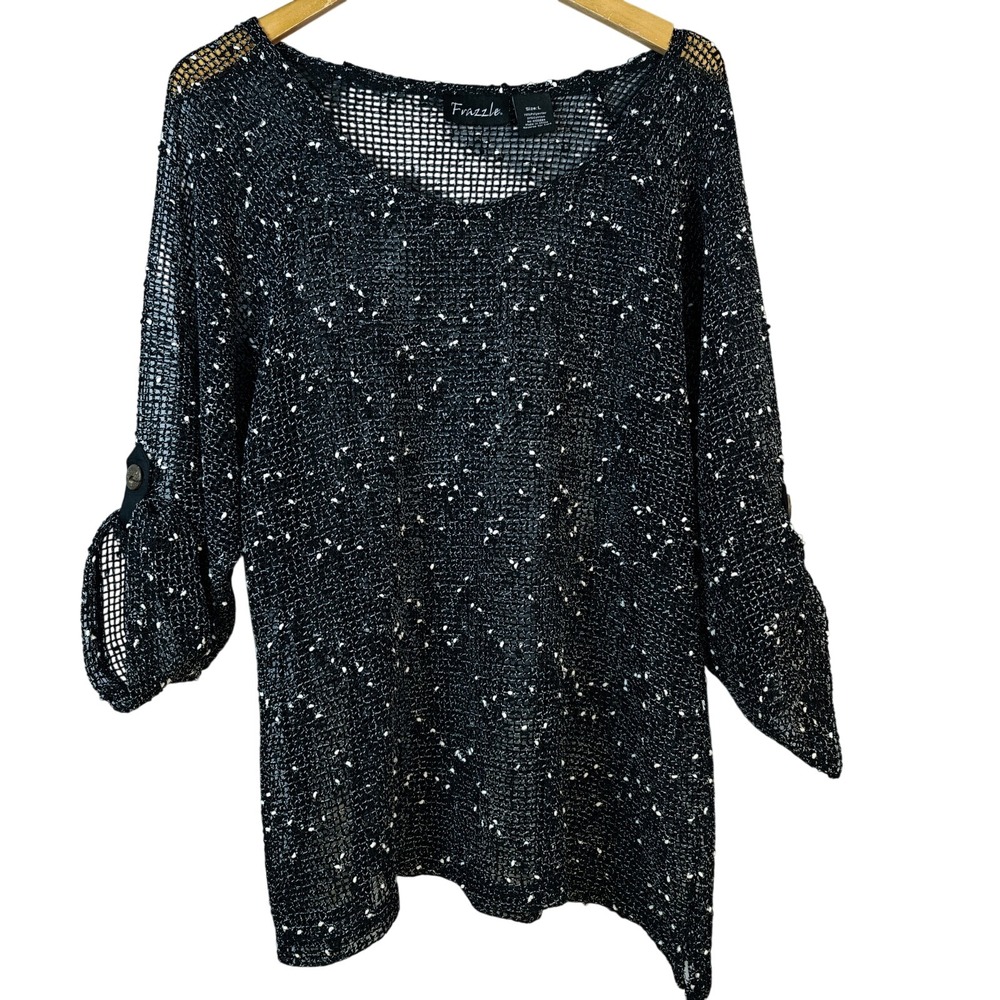 Frazzle Black‎ White Knit Mesh Sparkle Blouse Tunic Top Women's Large